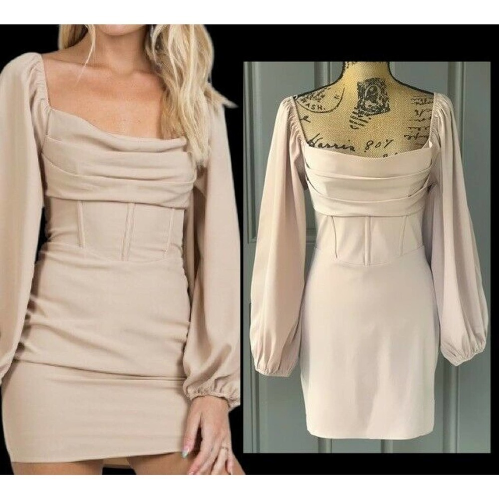 Princess Polly LILLIE Long Sleeve Mini Dress Beige Size 4